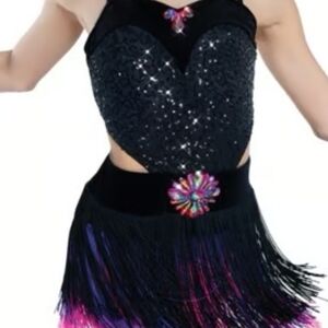 Black Sequin Fringe With Velvet Dress For Ice Skating Or Dance